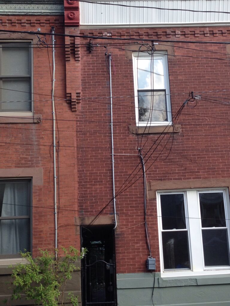 Electrical service on the front of a home. Peco connection on the 2nd story. 
