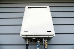 Tankless water heater hung outside of Philadelphia house.