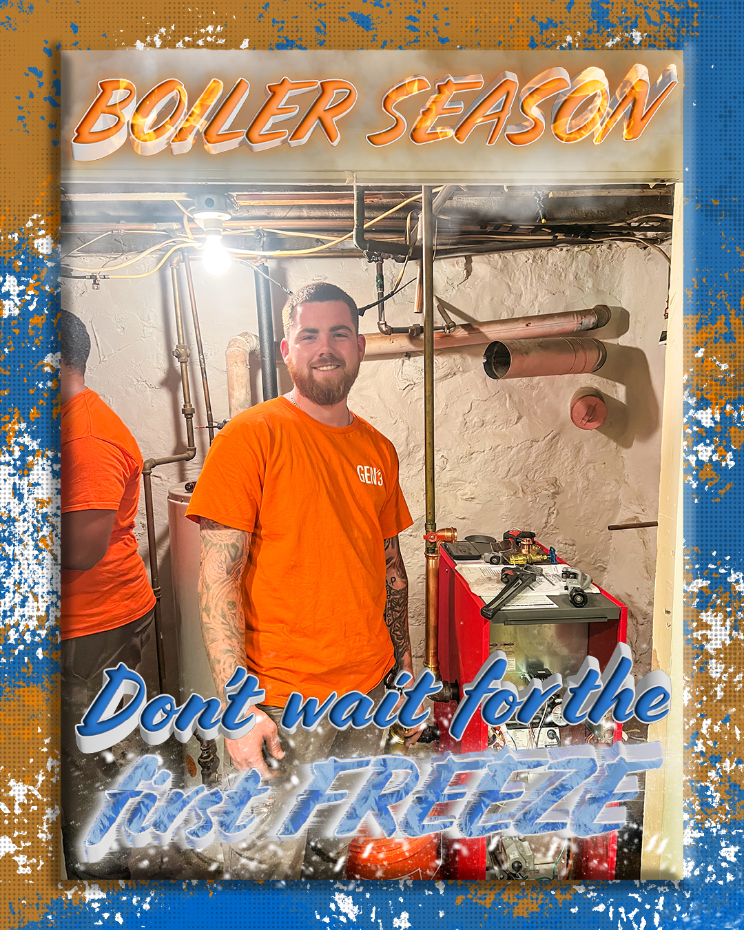 GEN3 HVAC technician Kyle standing beside a new boiler installation with bold text overlay: 'Boiler Season – Don’t wait for the first freeze.