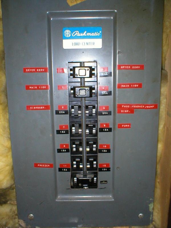 Vintage Pushmatic electrical load center with labeled push-button breakers for home circuits including dryer, dishwasher, and furnace, a 1950s residential breaker panel design now considered outdated.
