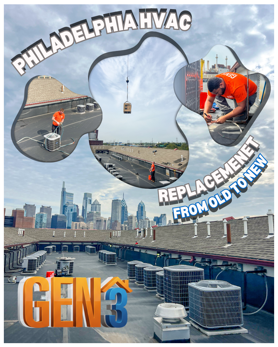 Collage of GEN3 Electric & HVAC technicians installing a rooftop AC system in Philadelphia, including crane lift, condenser setup, and refrigerant line work, with city skyline in the background.
