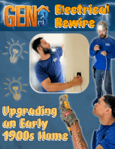 Technicians from GEN3 Electric & HVAC rewiring an early 1900s Philadelphia home. Workers install modern electrical wiring and outlets to upgrade old systems for safety and efficiency.
