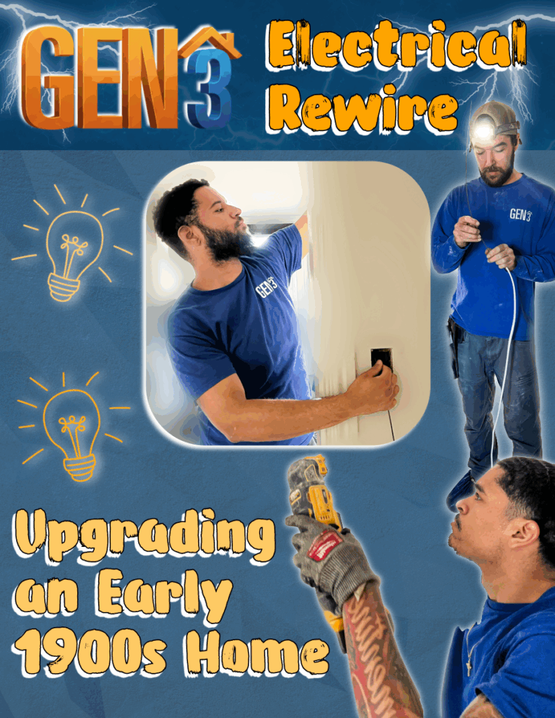 Technicians from GEN3 Electric & HVAC rewiring an early 1900s Philadelphia home. Workers install modern electrical wiring and outlets to upgrade old systems for safety and efficiency.