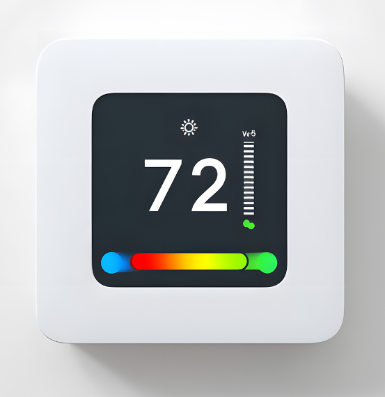 A modern digital thermostat mounted on a white wall displaying a temperature of 72°F.
