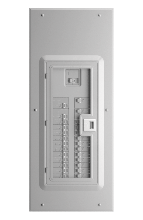 Leviton Smart Load Center electrical panel with modern circuit breaker layout and built-in monitoring features, example of a 2020s smart home breaker panel designed for Wi-Fi energy management.